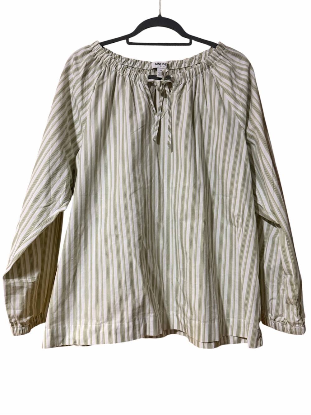 Nine West Striped Peasant Blouse Green White Keyhole Tie Neck XL